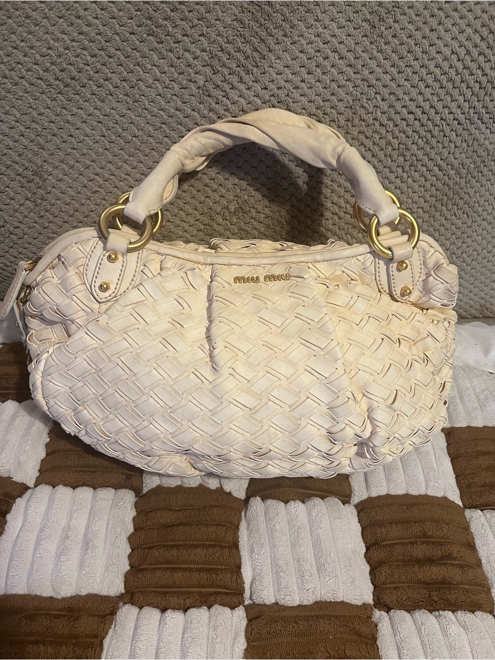 Miu Miu Woven Leather Satchel in Cream